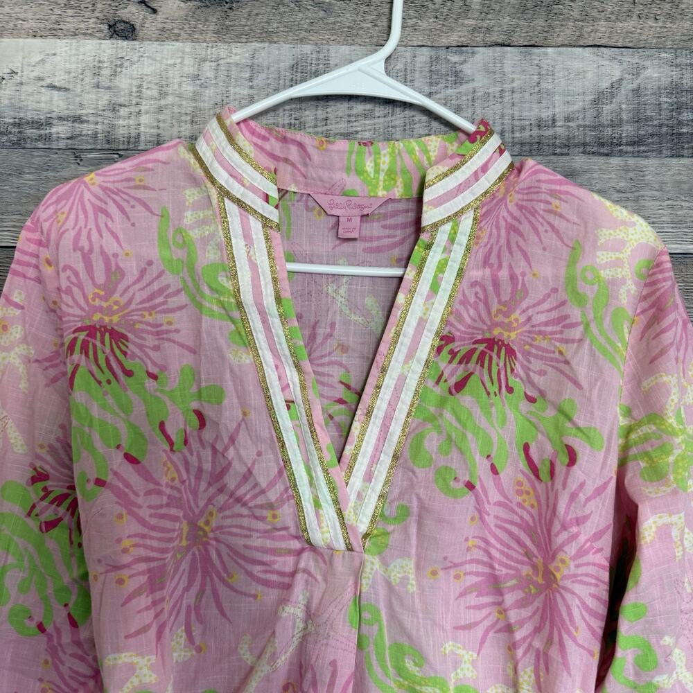 Lilly Pulitzer Pink Green Floral Tunic Dress Gold Embroidered Neck, Cover Up M - Picture 3 of 10